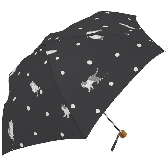 猫傘(雨晴兼用おりたたみ水玉と猫)黒