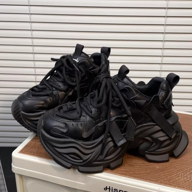 Genuine Leather Black Platform Dad Sneakers, 7cm Height Boost (ME251)