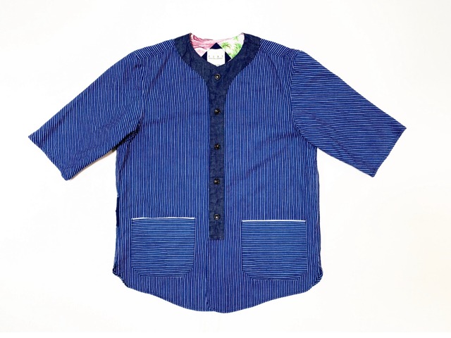 19SS コットンインディゴストライプ7分袖ベースボールシャツ / Cotton indigo stripe three quarter baseball shirts