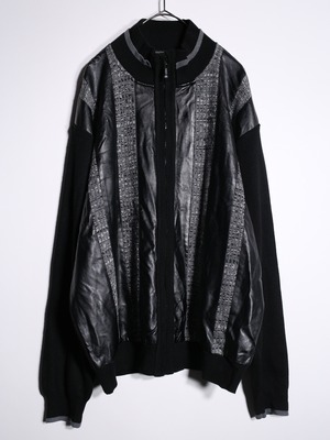 switching leather design zip-up knit jacket