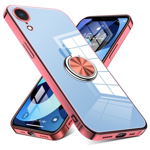 【在庫のみ】iPhone XR 用 ケース リング付き クリア 耐衝撃 スタンド機能 透明 TPU 車載ホルダー対応 落下防止 防塵 薄型 軽量 一体型 変形防止 全面保護カバー アイフォン XR 用 ケース ピンク W-YXZH-07-06
