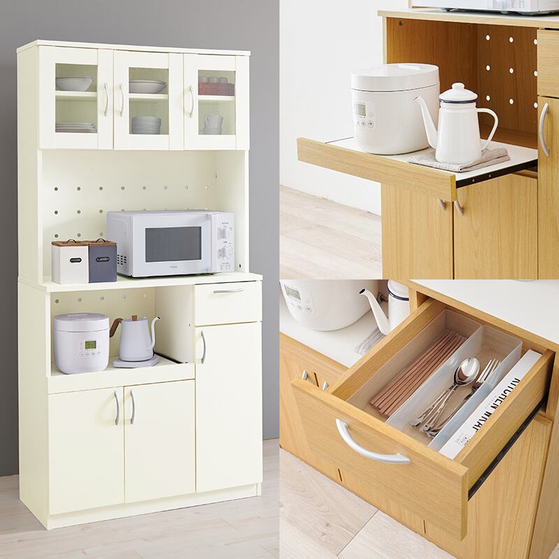 【組立式】キッチンボード キッチンラック 扉 スライド 引き出し収納 3色展開 大容量タイプ 幅89cm