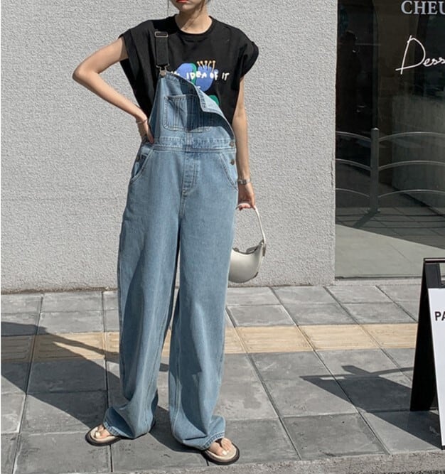 オーバーオール サロペット デニム ポケット ストレートパンツ スリム