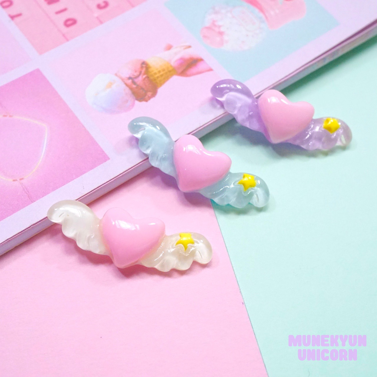 #D588【1個】 ハート ウイング　デコパーツ 【3色展開】
