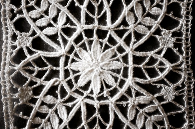 フランス リネン 万華鏡的植物たちのボビンレースドイリーb アンティーク