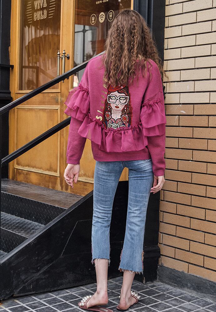 残り僅か 品切れ御免 レディース 古着 好き ヴィンテージ 風 高円寺 下北沢 原宿 コーデ 個性的 秋 冬 羽織物 カーディガン フリル トレーナー トップス ジャージー ピンク Antoinette