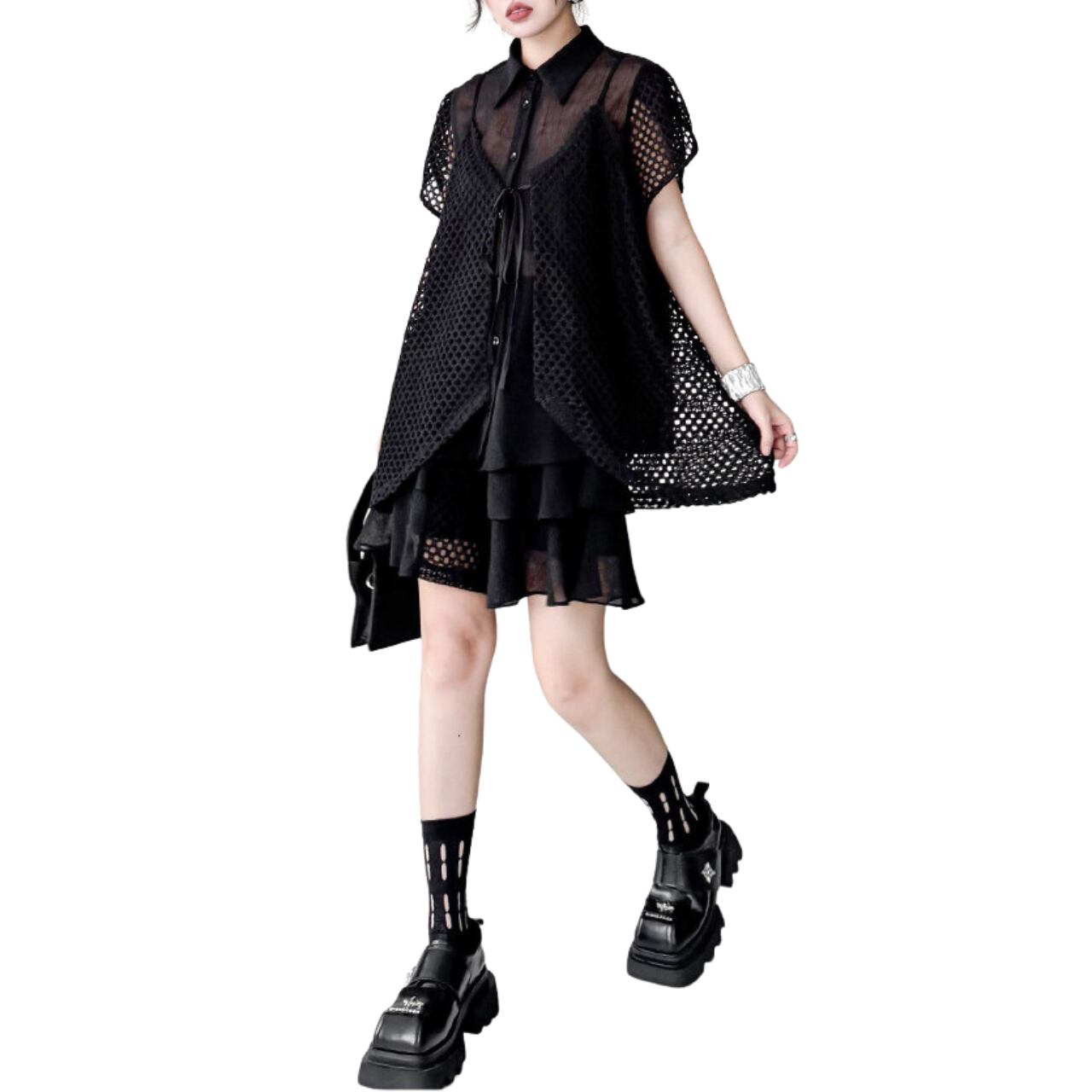 メッシュレイヤード シャツ×ティアードキュロット セットアップ 00409