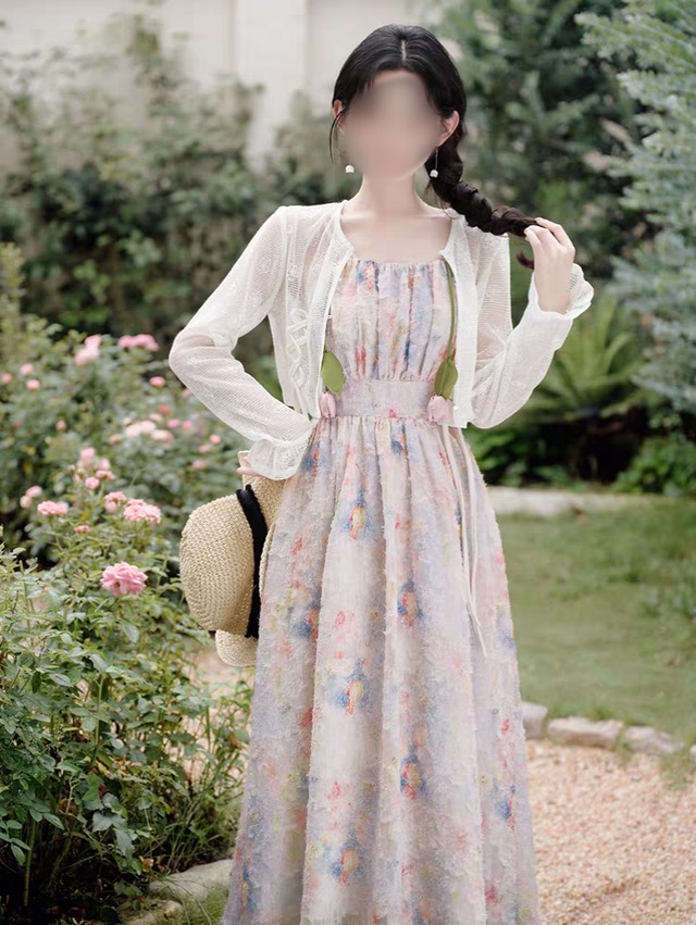 ローズミスト花柄キャミワンピース×シアーカーデ 2点セット