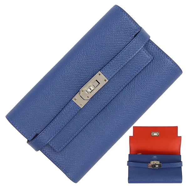 Unused HERMES エルメス 三つ折り財布 ケリー ウォレット ミディアム ヴォーエプソン ブルーブライトン カピュシーヌ 未使用品