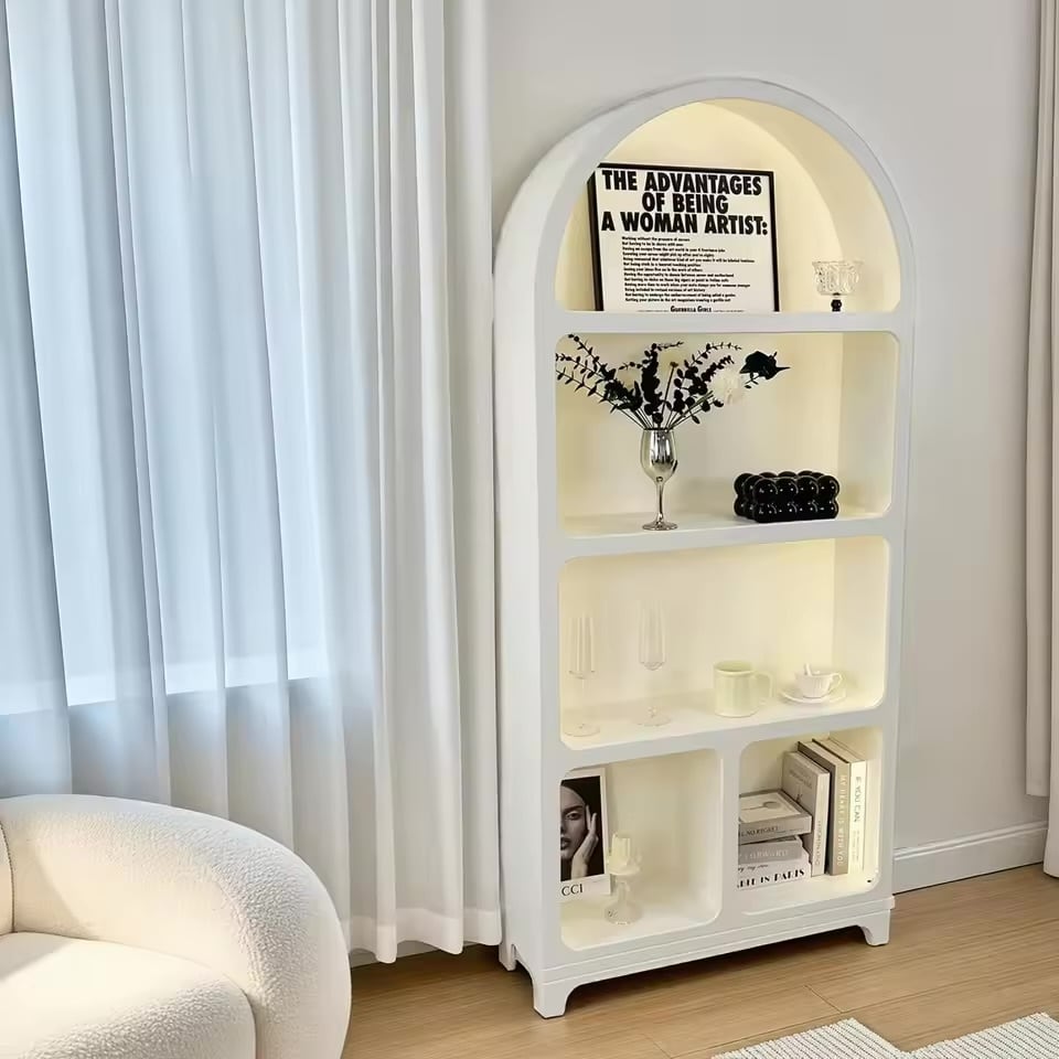 アーチキャビネット 180cm フレンチクリーム風|ライト無し・ライト付き選べる