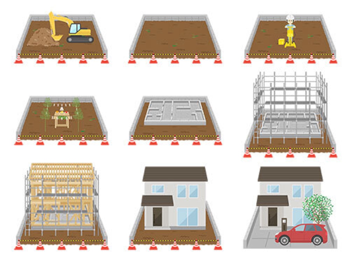 一戸建て住宅完成までの工程(新築工事の流れ)のイラスト | イラストセンター有料素材販売