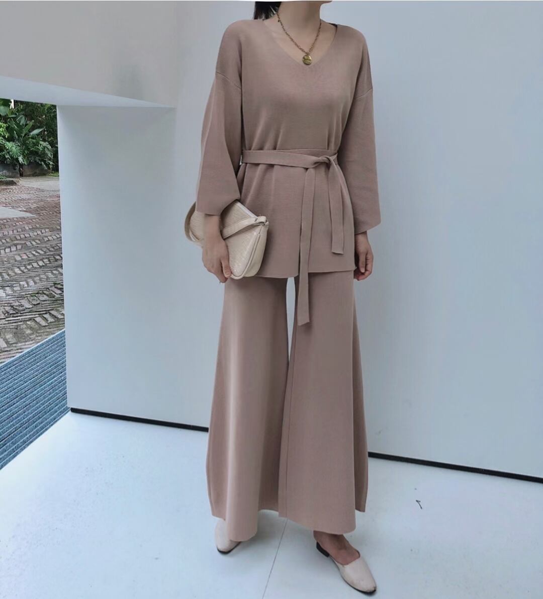 ベルト付き　ニットフレアワイドパンツセットアップ　AJ1050-D003