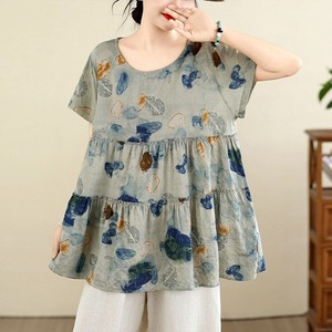 FLORAL PRINT LINEN BLEND TIERED SLEEVE TOP M-17635
