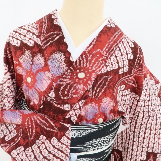 美品 有松鳴海絞り 桜 夏着物 仕付け糸付 トールサイズ“燃ゆる心を 