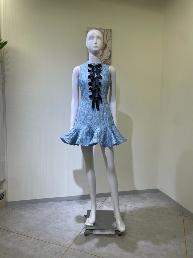 【新品DRESS 3487】フロントレースアップリボン ツイード ティアード セミフレア ミニドレス ブルー ワンピース インポートドレス 海外ドレス【sister jane】