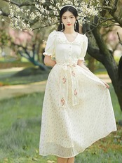 【0202】Lace Shirt Floral Skirt Short Sleeve 2 Piece Set