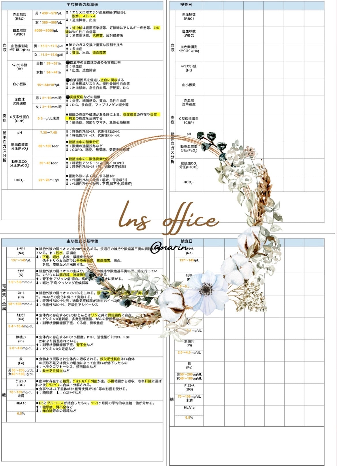 検査ﾃﾞｰﾀｼｰﾄ⭐︎項目内容&正常値記載】/看護学実習ｸｲｯｸﾉｰﾄ作成ｼｰﾄ(12
