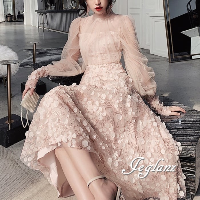 パーティ ドレス ワンピース 異素材 ハイネック ドット柄 肌透け 着映え (M2995)ζ