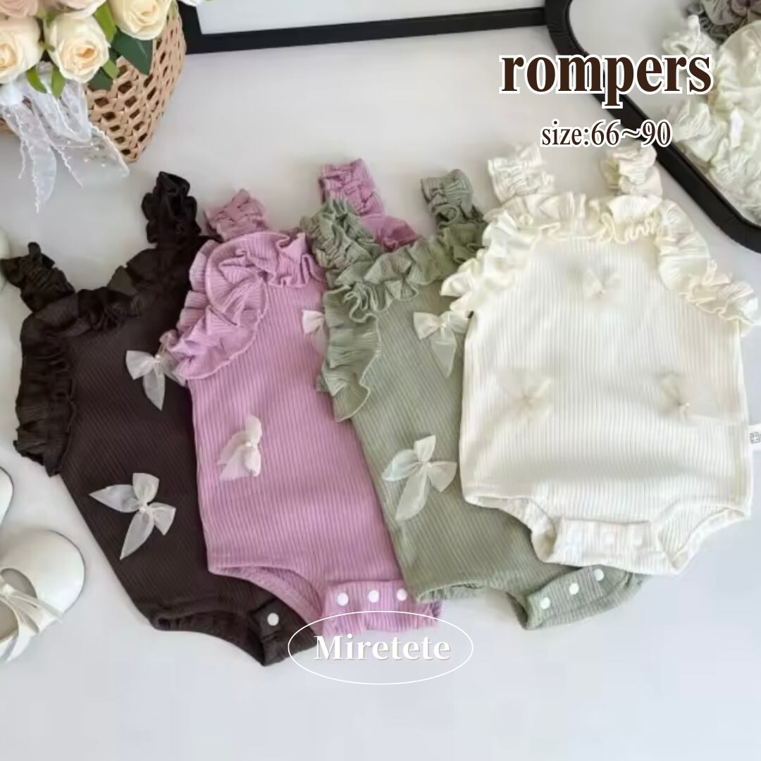 【取寄】フリルと流行りのリボンが目を惹くフリルリボンリブロンパース