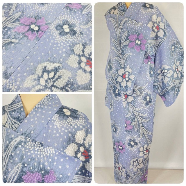 有松絞り【浴衣】百合 花柄 綿 総絞り 水色 紫 白 グレー 041 | kimono 