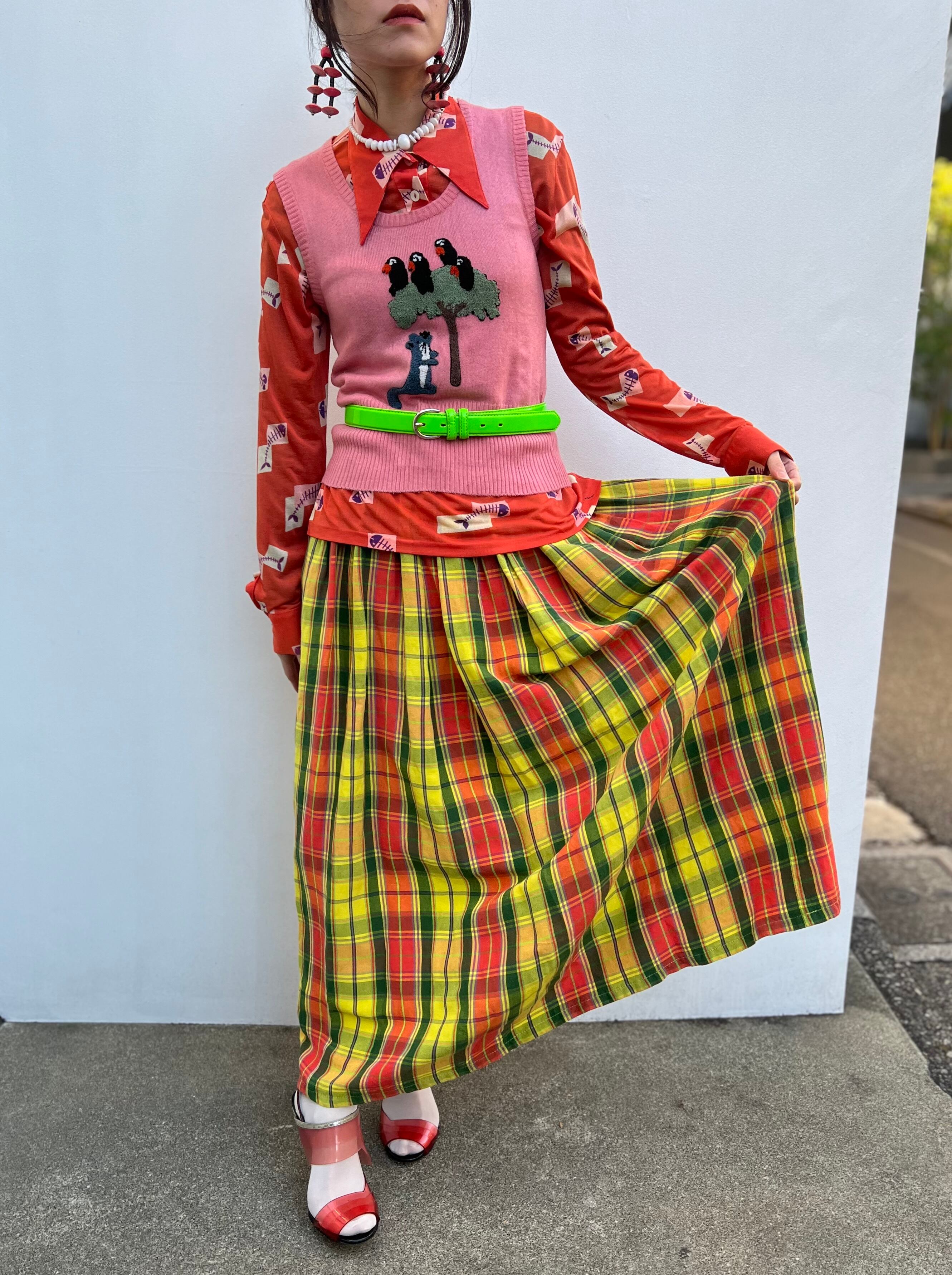 Vintage yellow plaid linen × rayon long skirt ( ヴィンテージ 