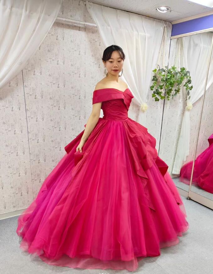 カラードレス ビビッドピンク オフショルダー プリンセスライン フレア  