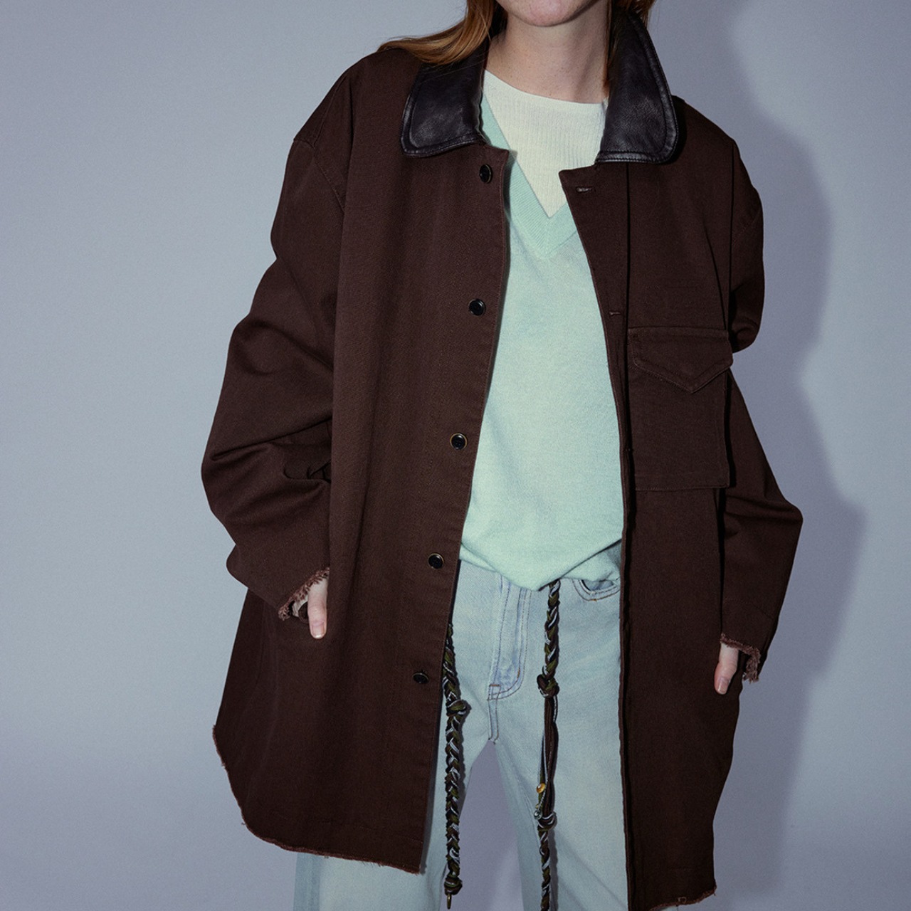 Leather Collar Over Shirt Jacket T3848