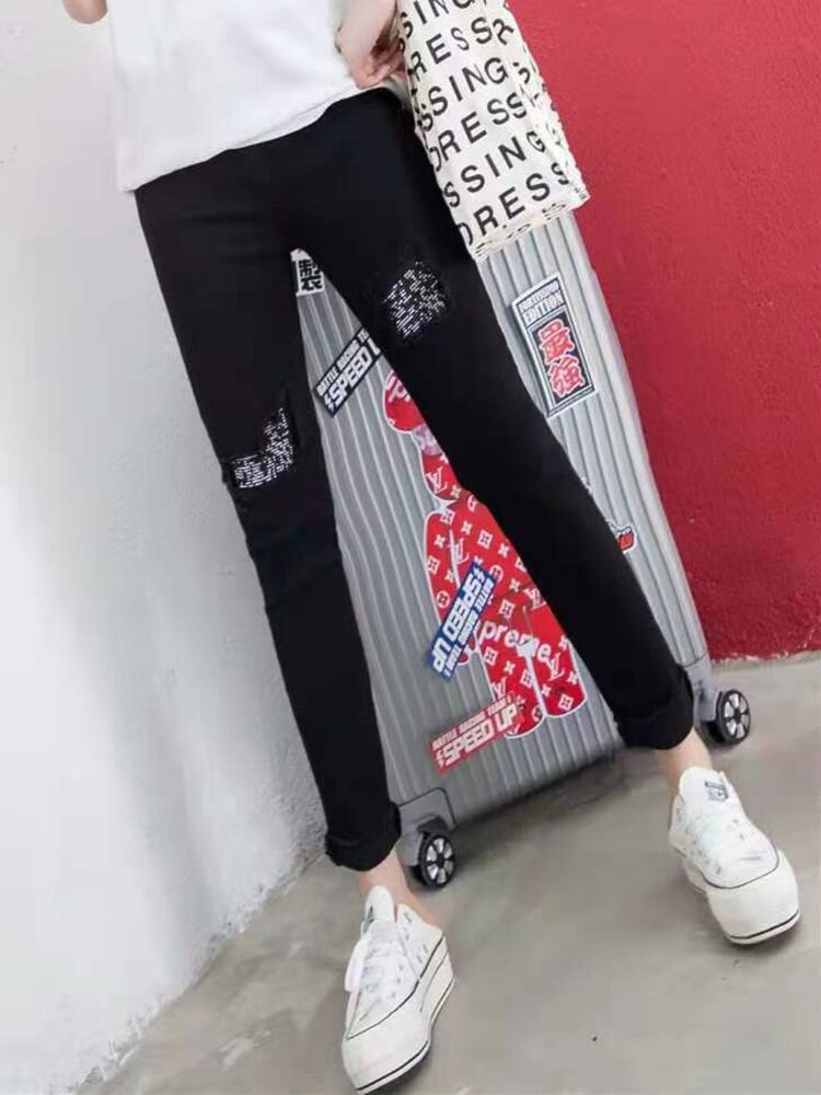 ストレッチウェストジーンズ スプリングルーズハイウェスト エラスティック 伸縮 大きめサイズ 春物 ミックスインファッション73970704171