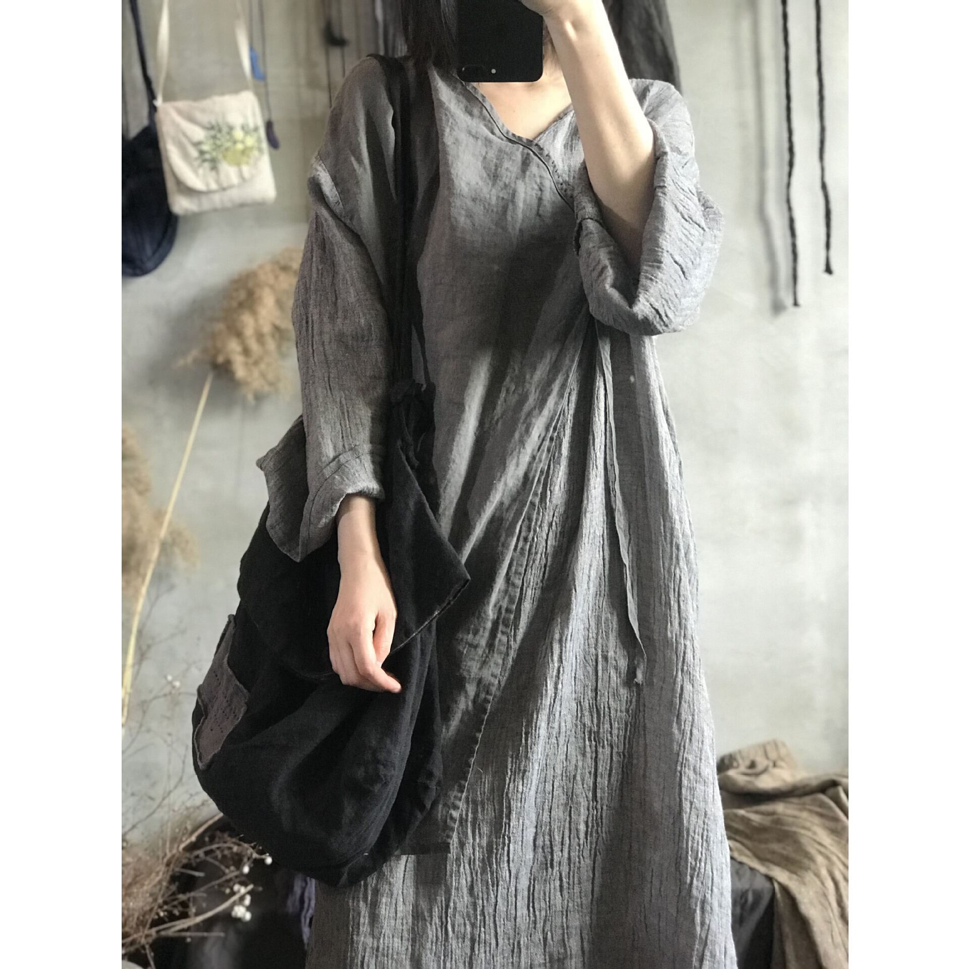 スプリングサマースタンダードVネックルーズドレス レトロ 春物 夏物 Yiranxuaディースワード8129653930