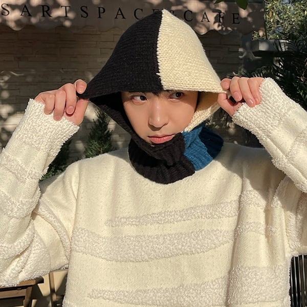 【予約販売】ニット帽 バラクラバ ネックウォーマー フード バイカラー フーディ イヤーウォーマー メンズ ストリート アウトドア カジュアル 防寒 ダンス ヒップホップ こなれ感 お洒落 韓国 トレンド スキー スノボ