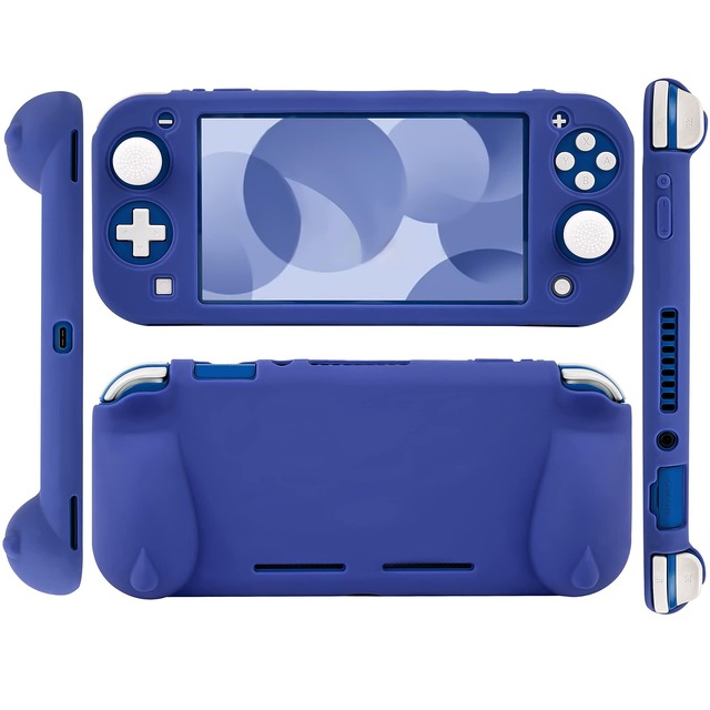 switch liteカバー スイッチライト ケース シリコン素材 ソフトカバー 柔らかい 一体式 全面保護 耐衝撃 特殊ハンドル 薄型軽量 快適な手触り 着脱簡単 防水防塵 スタンド機能 スティックカバー4つ 液晶保護フィルム付き(ブルー)