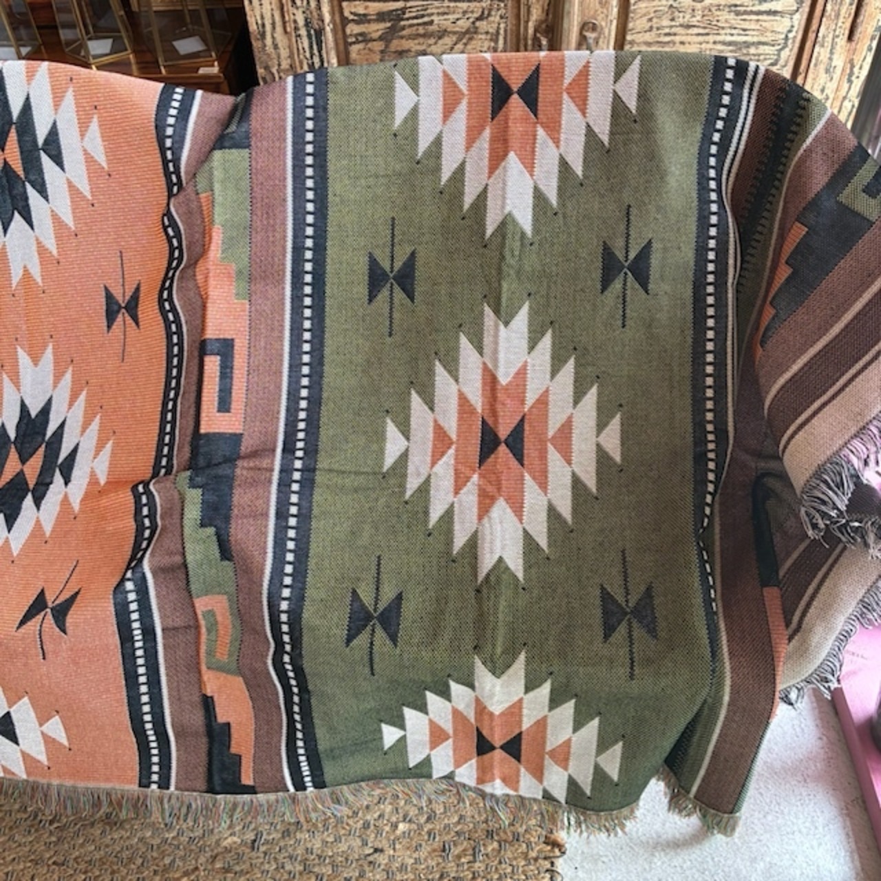 TOPANGA Homefurnishing Tribal throwket　トライバルスローケット　130×180cm　M　グリーン　オレンジ　ソファカバー　ベッドカバー　ブランケット　カーテン