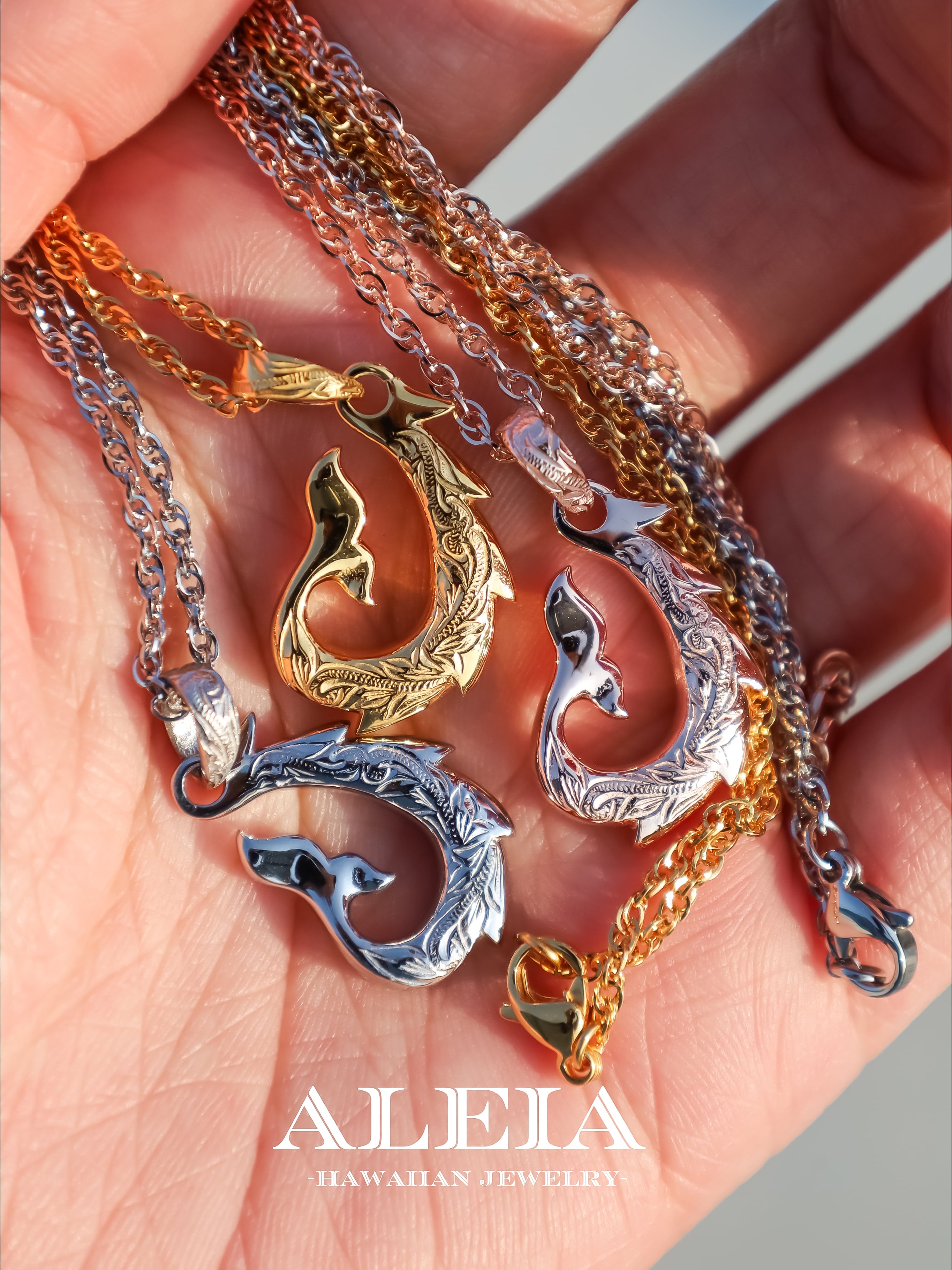 ❧ハワイアンアクセサリー№489❧ Fish hook & Whale tail Necklace [316L] ハワイアンジュエリー