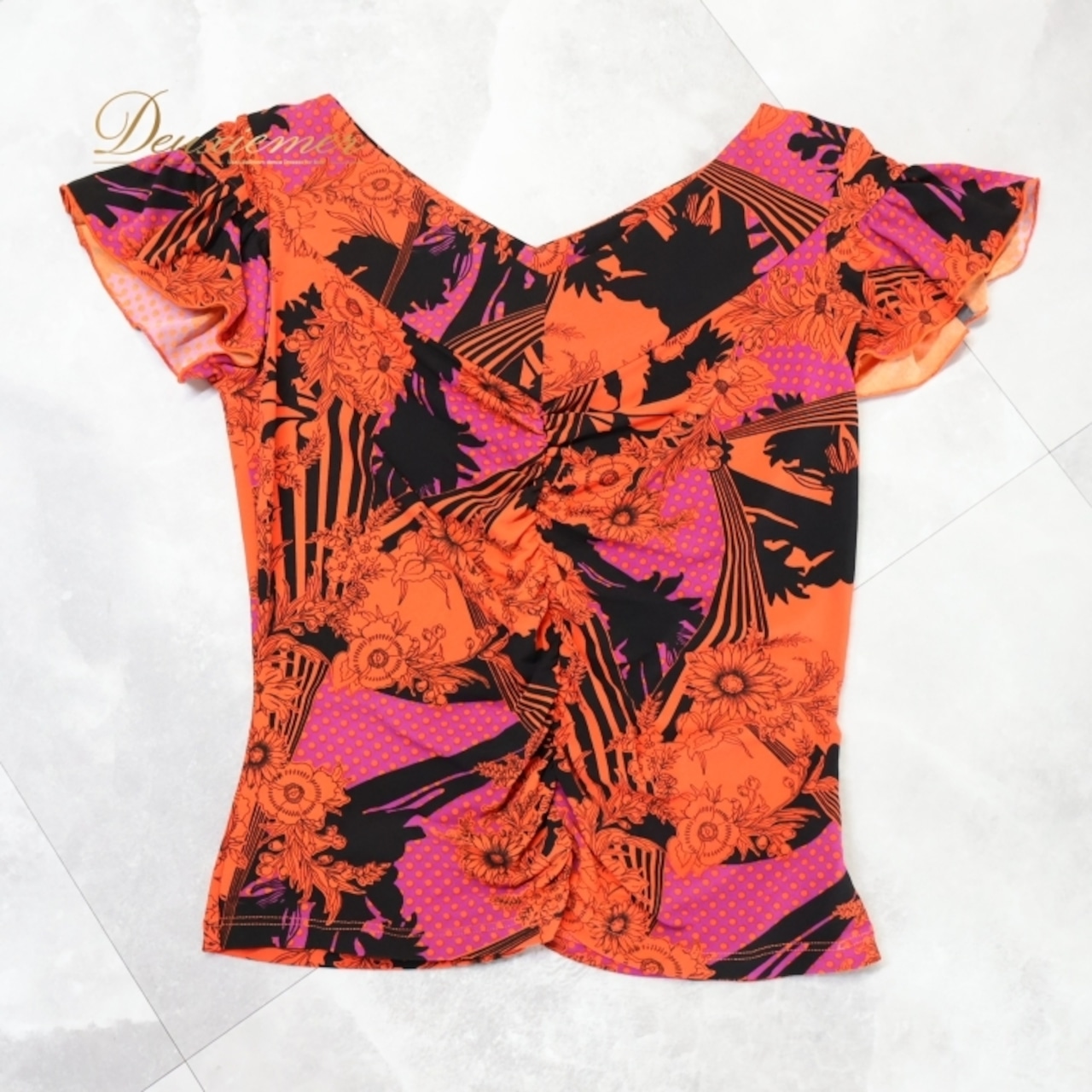 社交ダンス 衣装 トップス ブラウス オレンジ系 チャコットロイヤルダンス Chacott ROYAL DANCE 練習 レッスン 花柄 ドット柄 水玉 半袖 伸縮 ストレッチ 上品 黒 紫 かわいい パーティー ダンス衣装 日本製 ブラック系 パープル系