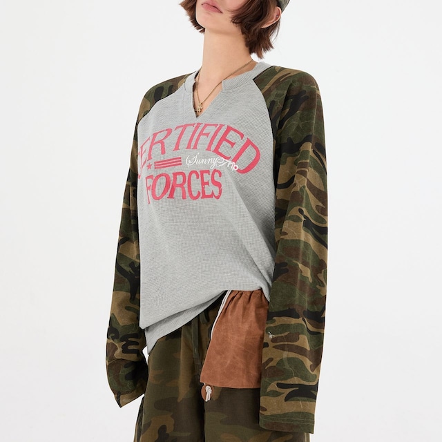 カモスリーブロゴラグランワッフルトップス R00694