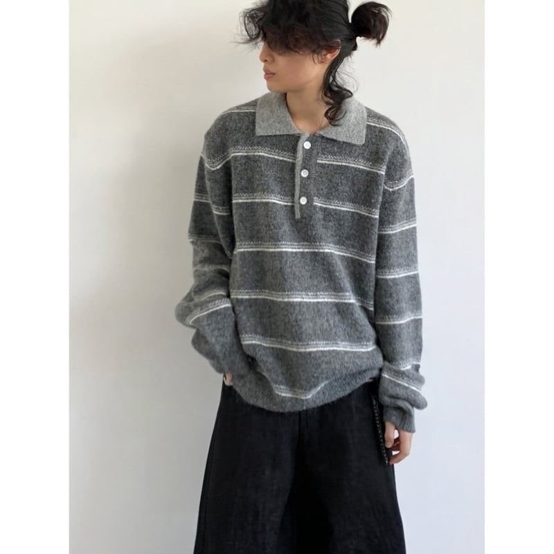 jiwuusポロ襟ストライプ長袖ニットセーター