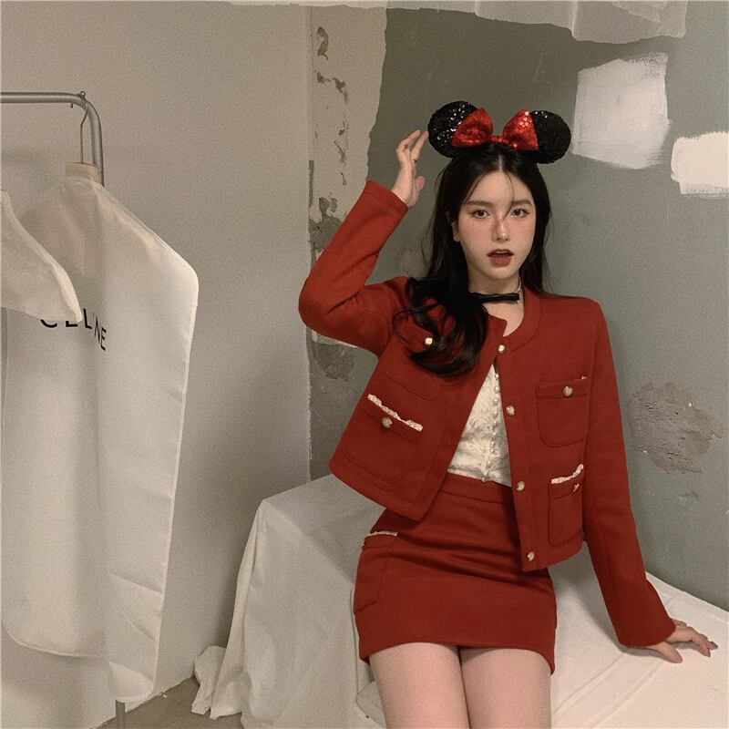 スタンダードレッドジャケット スカート スタイルオータムウィンターソリッド カラー レトロ 秋物 冬物 ソリッドカラー ドラファッションホール49524924715