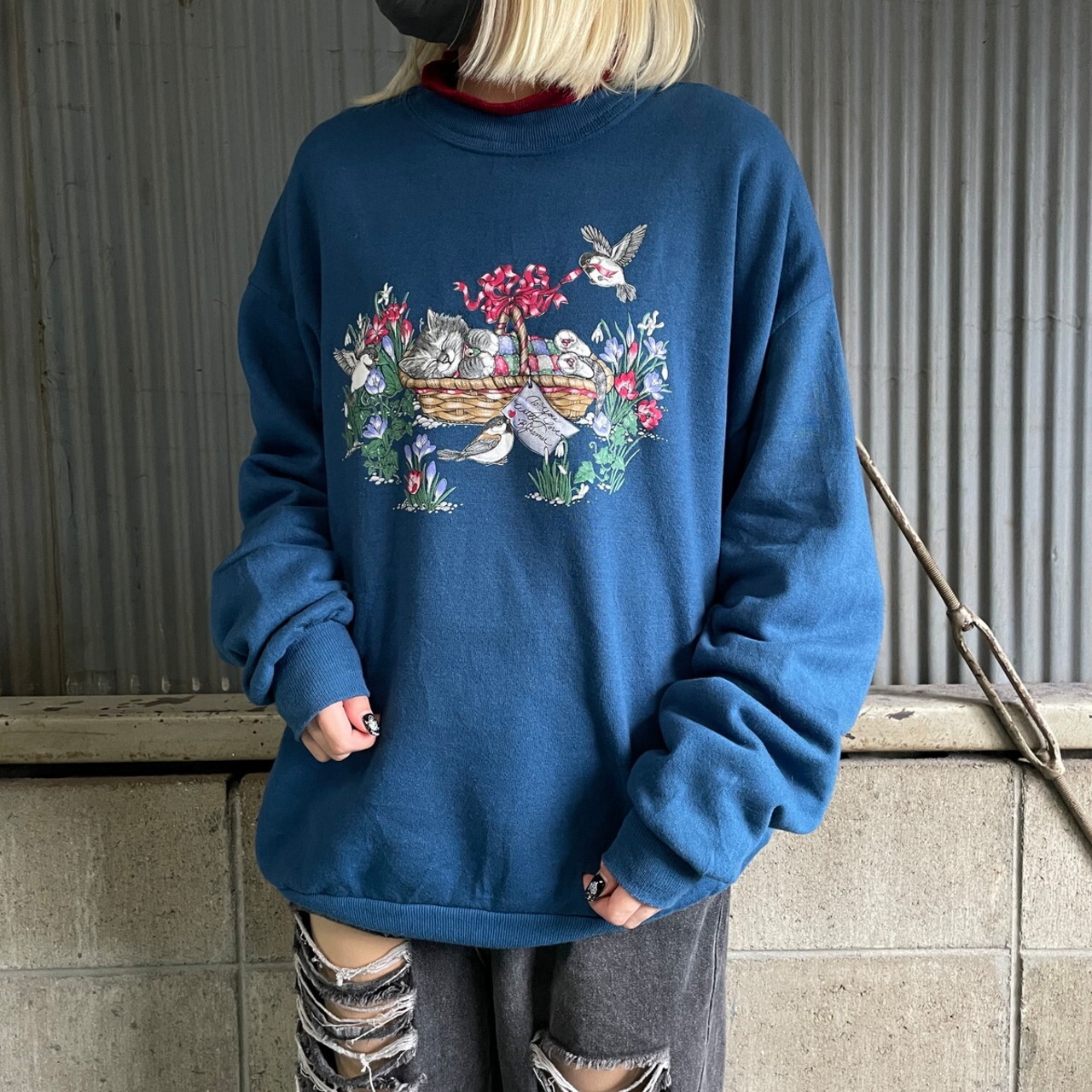 90年代 USA製 MORNING SUN 猫 鳥 スウェットシャツ レディースXL 古着 