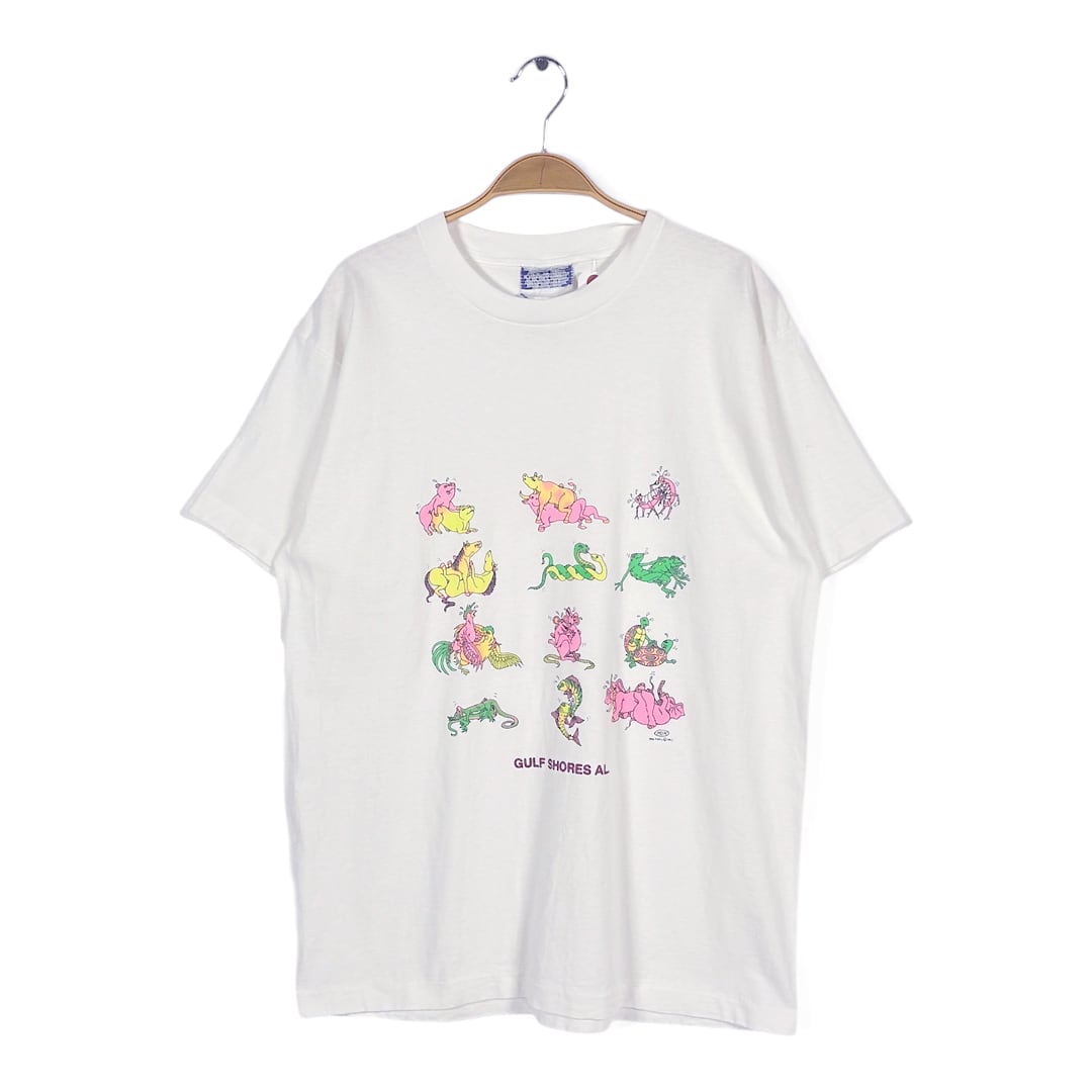 90s エロT アニマル48手 ヴィンテージ Tシャツ アラバマ州ガルフショアーズ ホワイト シングルステッチ サイズXL相当 古着 BZ0535