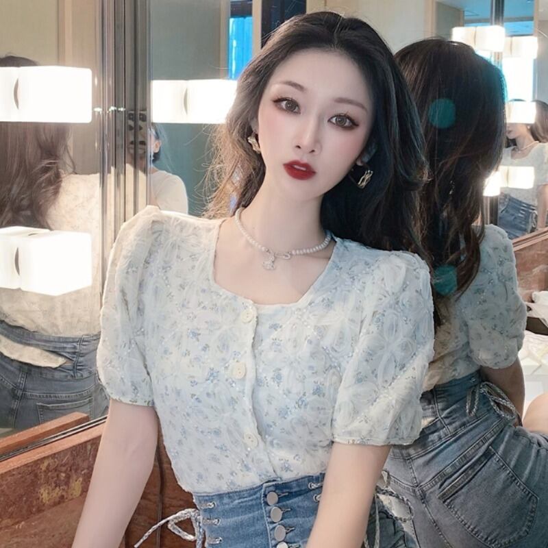 スタンダードカラースリーブメッシュフローラルシャツ サマーショート レトロ 大人ガーリー スウィート キュート カジュアル 夏物 花柄 スクウェア ステッチ YY-ファッション138042566