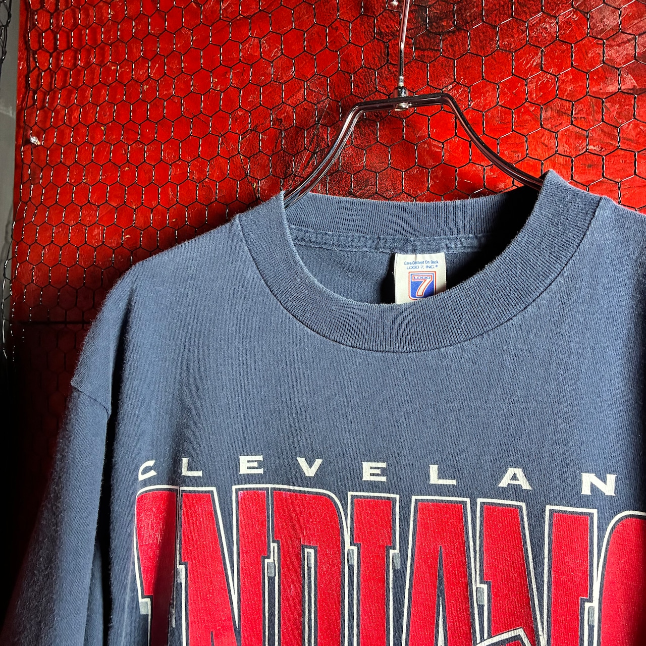 90s USA製LOGO7 MLB INDIANS ワフー酋長 ロゴTシャツ ネイビー