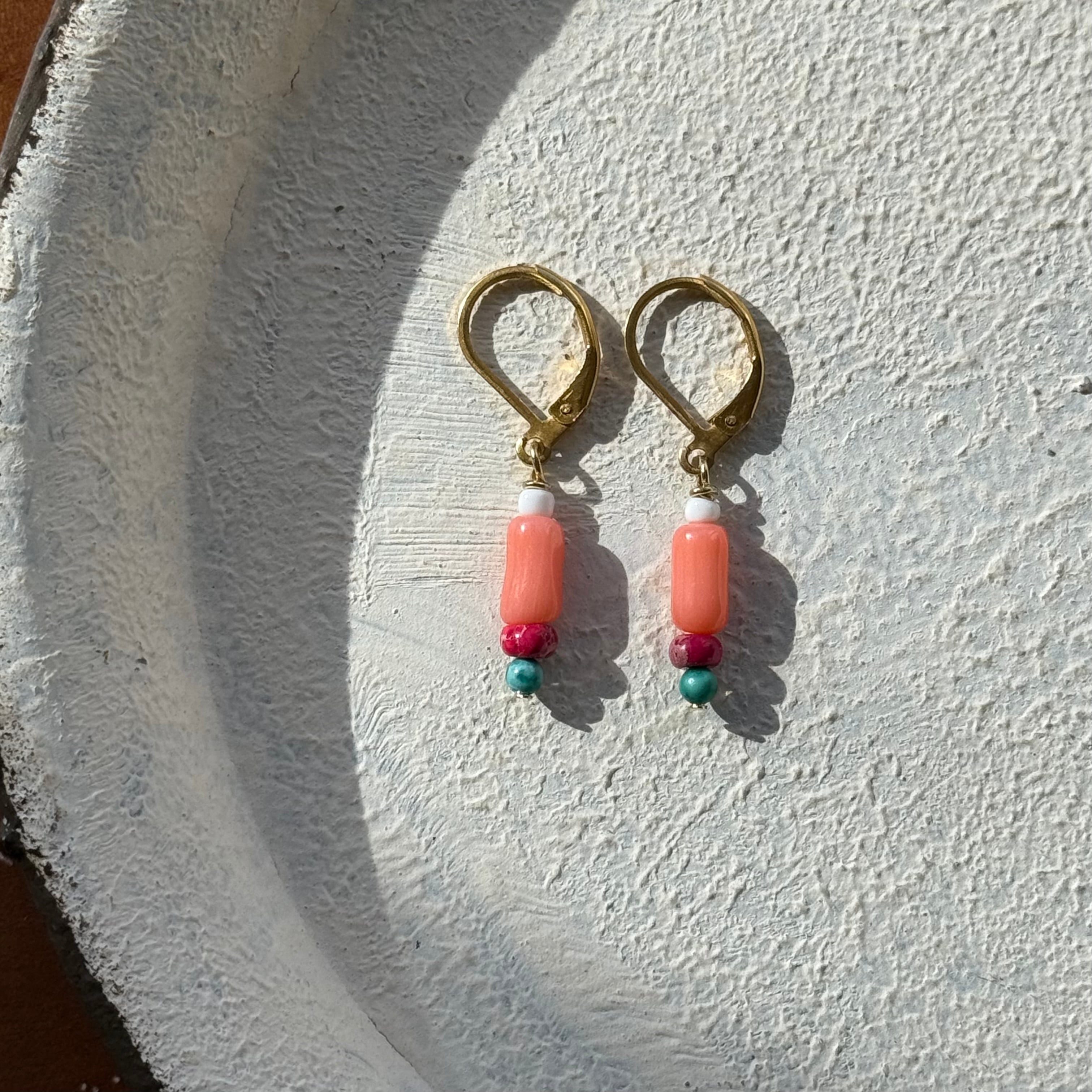 NC26027【サージカルステンレス:ゴールド】珊瑚×ターコイズ ピアス