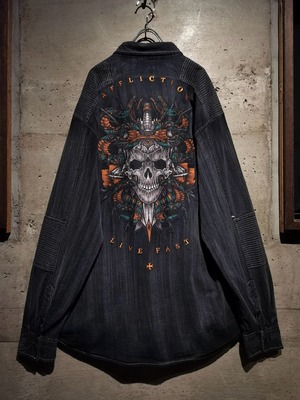 【Caka】"Affliction" Skull × Snake ×Sword Embroidery Design Vintage Loose L/S Shirt