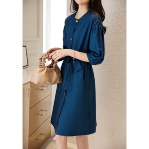 パフスリーブ ボタンダウンひざ丈シャツワンピース G0648