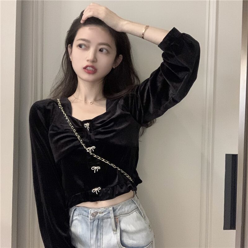 スタンダードショートベルベットシャツ スプリングトップス ロング レトロ 春物 ブラックストロベリース78808629168