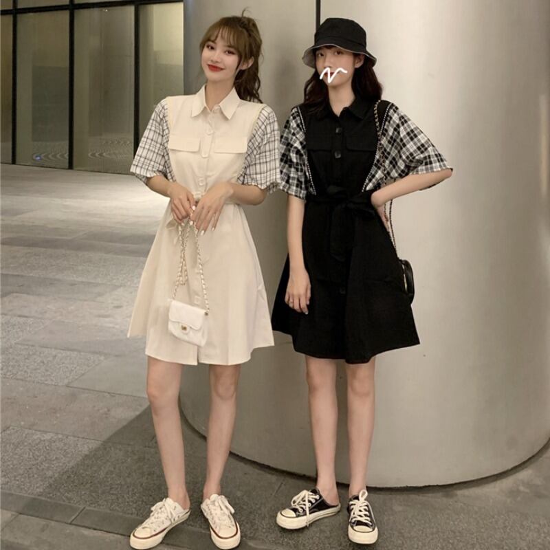 2020年夏の新しい女性の気質ウエストスリミングレトロチェック柄ステッチドレスフレンチラペルAラインスカート 1号婦人96186972156