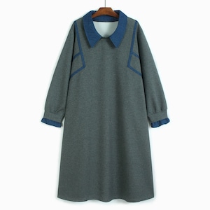 DENIM TRIMMED A-LINE MIDI PULLOVER DRESS 2colors M-15395