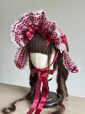 ♡【全4色】MAID ギンガムチェック&ドット柄リボン 変幻自在うさみみフリルボンネット red ♡