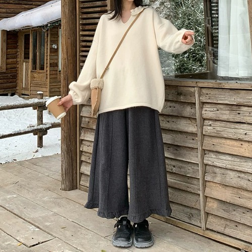 裾フリルラインステッチワイドパンツ ・12235