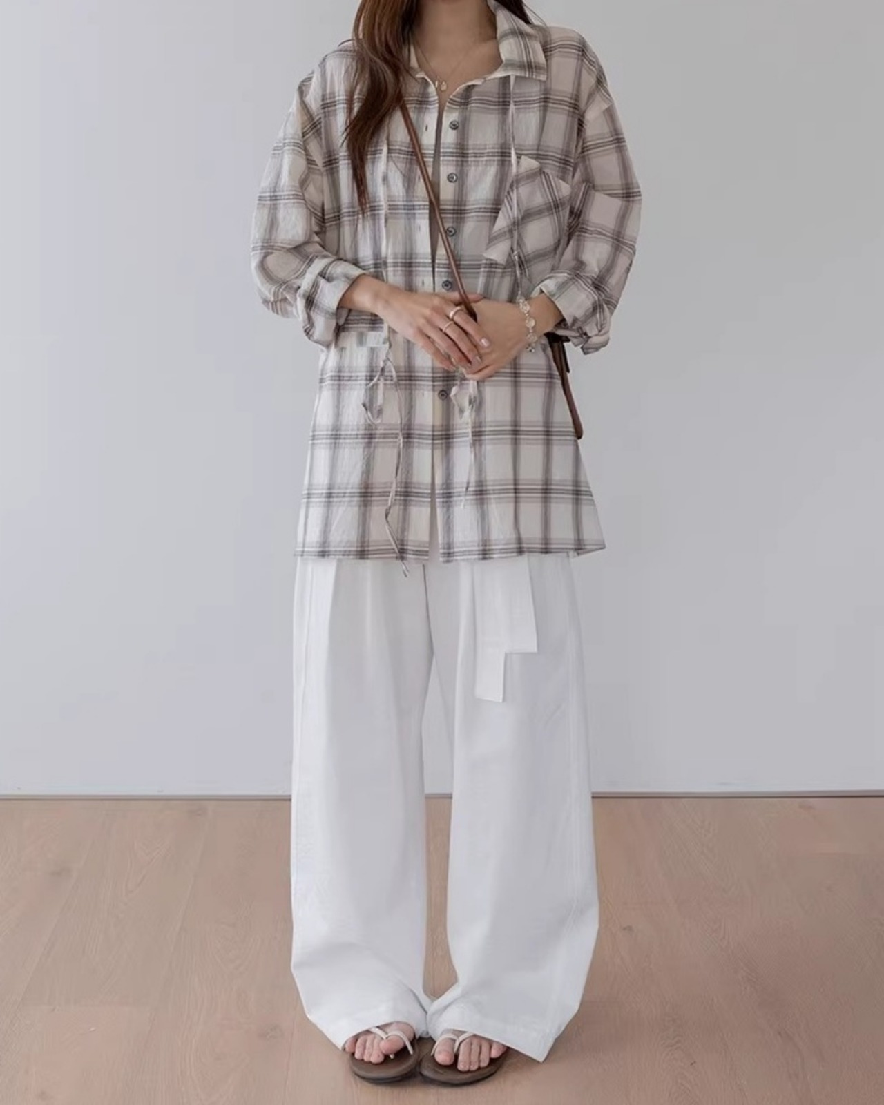 Drawstring check oversized Shirt L0161